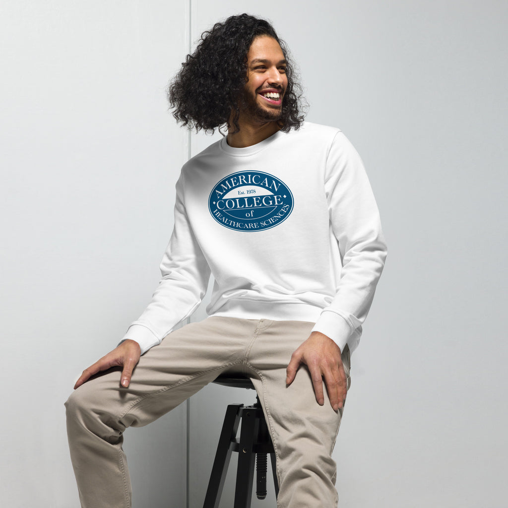 ACHS Unisex White Sweatshirt on Male sitting