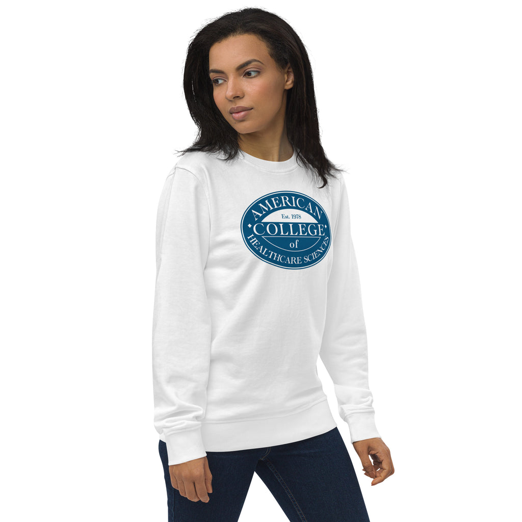 ACHS Unisex White Sweatshirt on Female standing